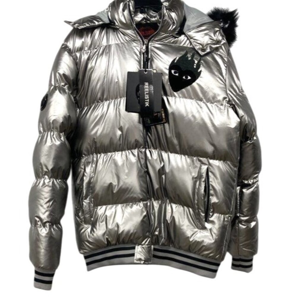 Reelistik Men's Silver Puffer Jacket 2XL With‎ Hood Faux Fur Trim NWT